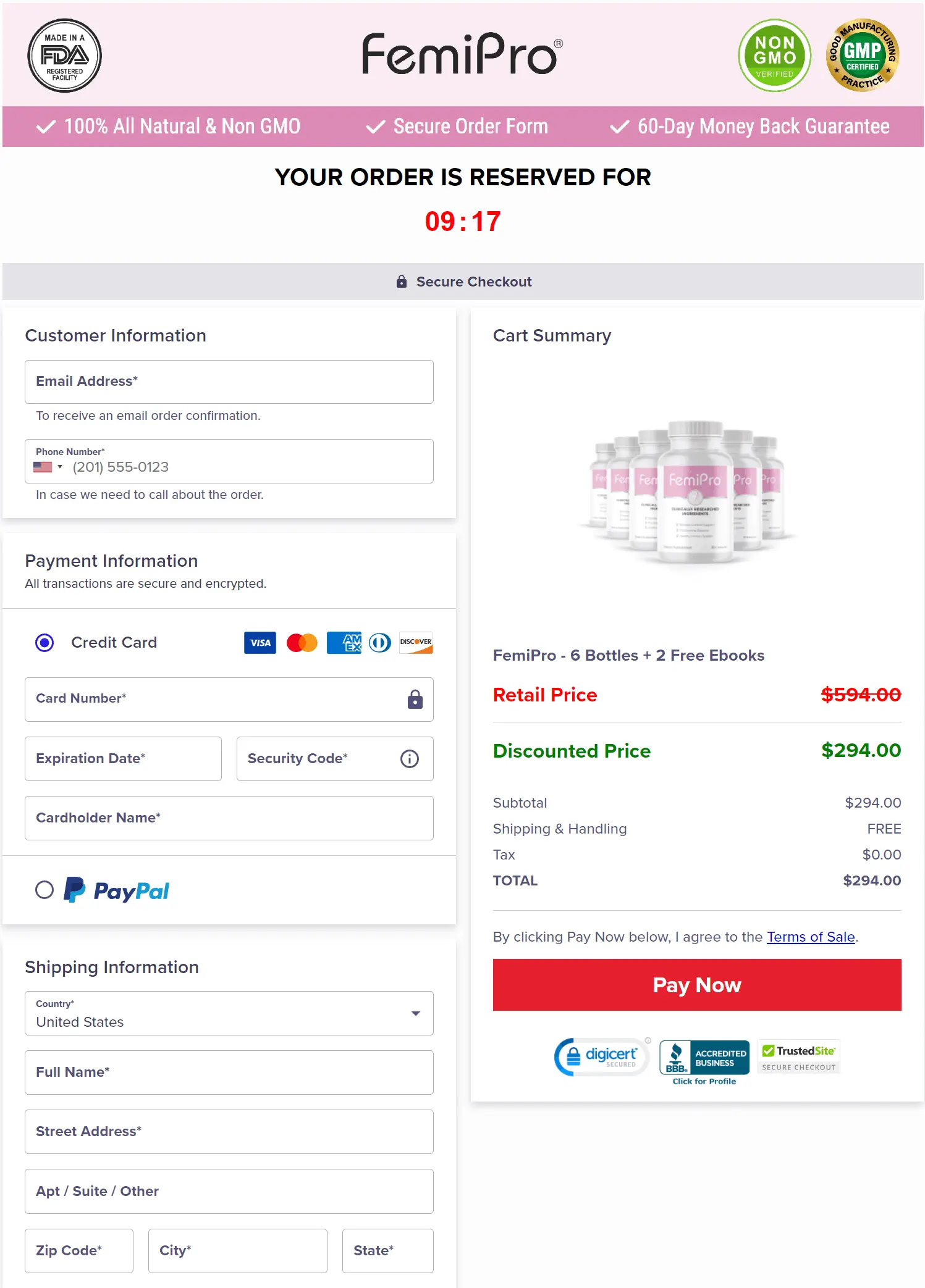 FemiPro checkout page